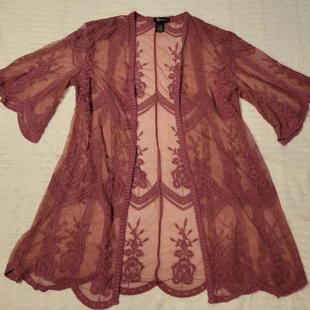 Miss Chevious Boho Scalloped Kimono Sheer Lace Embroidery Flowy Hippie Midi Pink